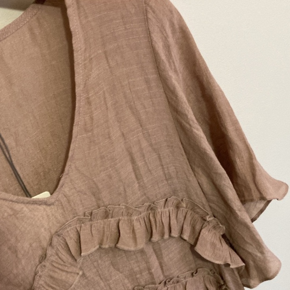 NWT FLAWLESS Ruffled Brown Mini Dress, Size Small, V-neck short sleeve - Picture 4 of 8